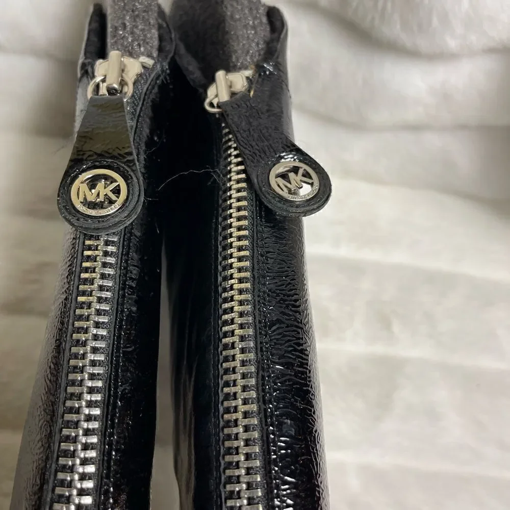Michael Kors patent leather black knee high boots back zipper logo accent SZ7.5